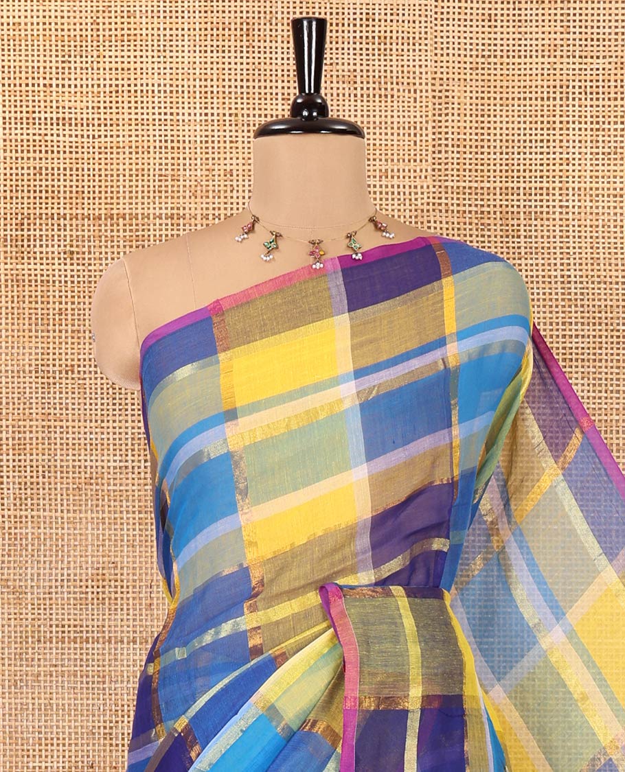 Borderless Blue Khadi Mul Cotton Saree, Showcasing Checked Block and Zari Checks, a Self-Pallu, and No Blouse - Image 7