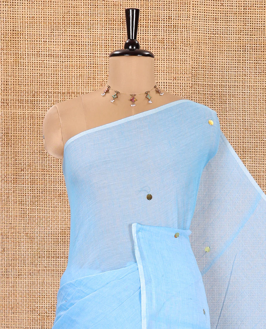 Borderless Blue Khadi Mul Cotton Saree, Subtly Sparkled with Sequin Work on Its Body and Pallu, and Paired with a Matching Blouse - Image 2