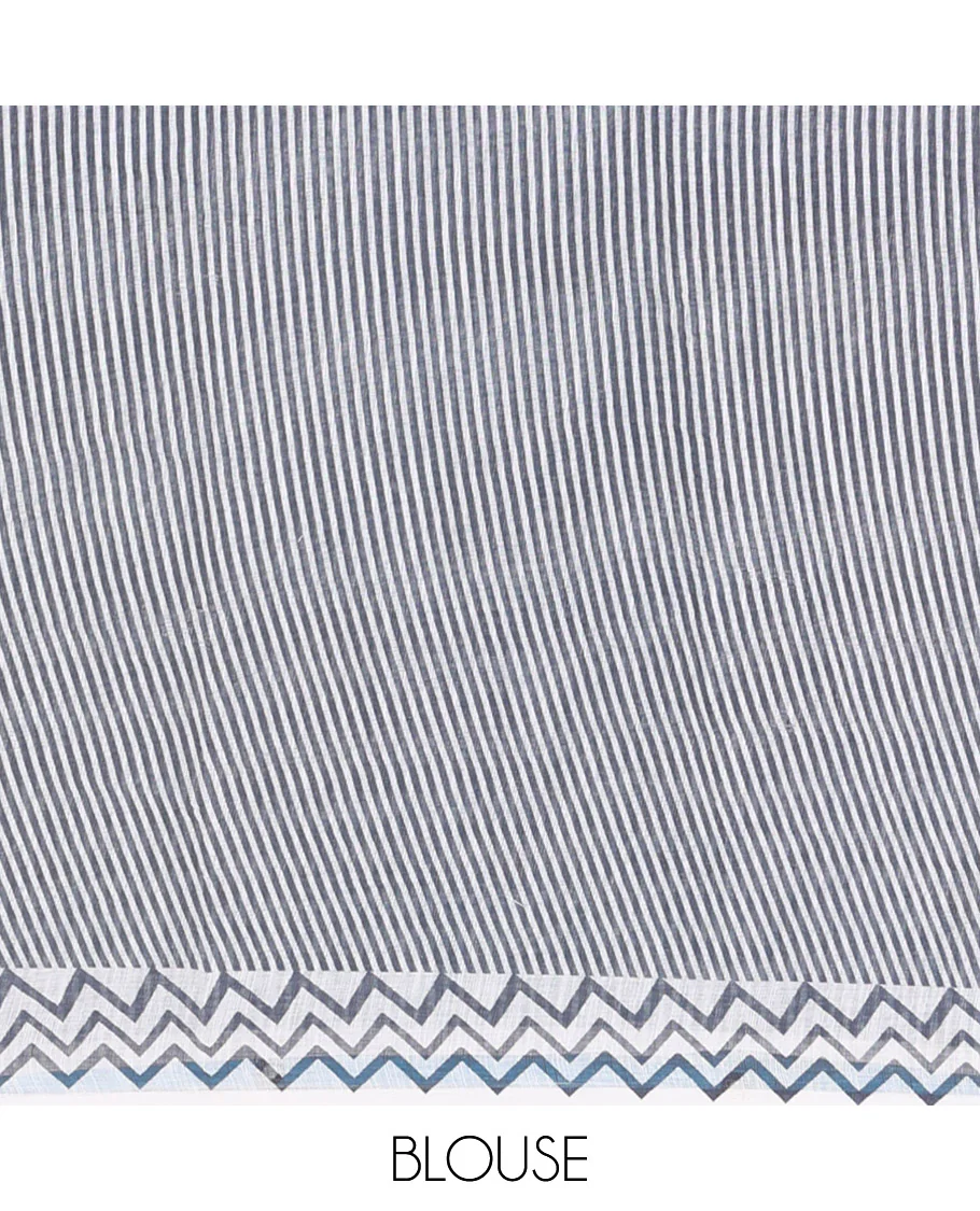 Borderless Blue Linen Cotton Saree, Accentuated with Polka Dot Print, Complemented by Contrast Geometric Printed Pallu, and Paired with a Contrast Blouse - Image 3