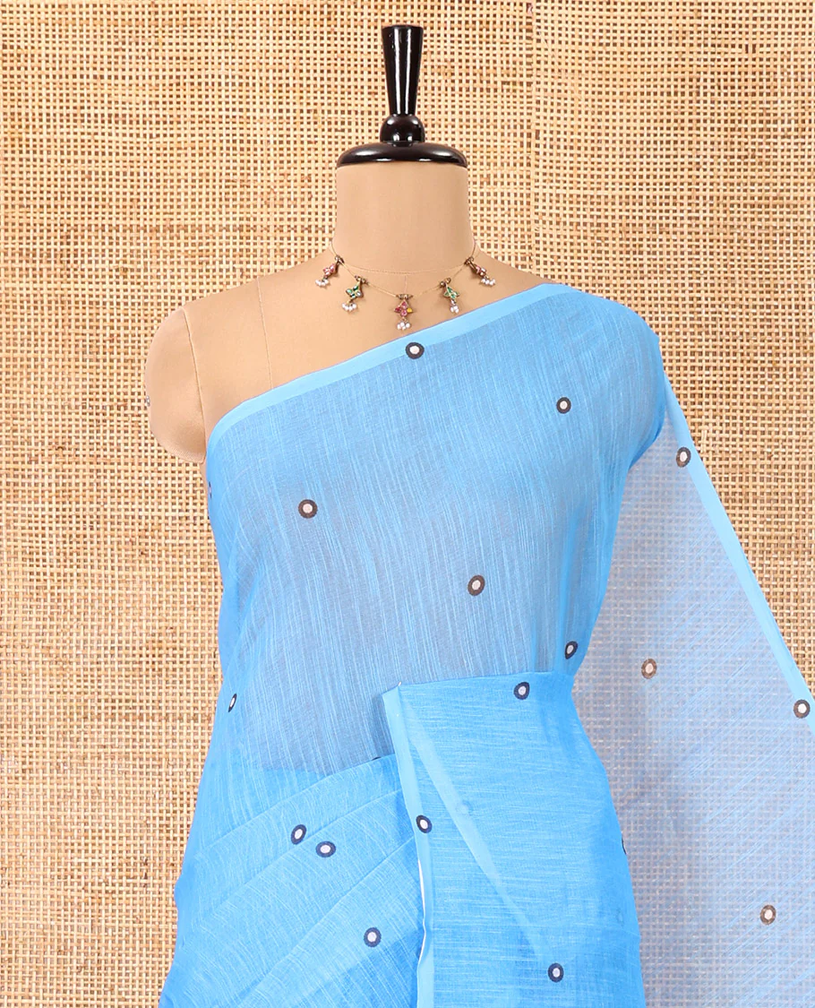 Borderless Blue Linen Cotton Saree, Adorned with Polka Dot Print, Contrast Geometric Printed Pallu, and Paired with a Contrast Blouse - Image 2