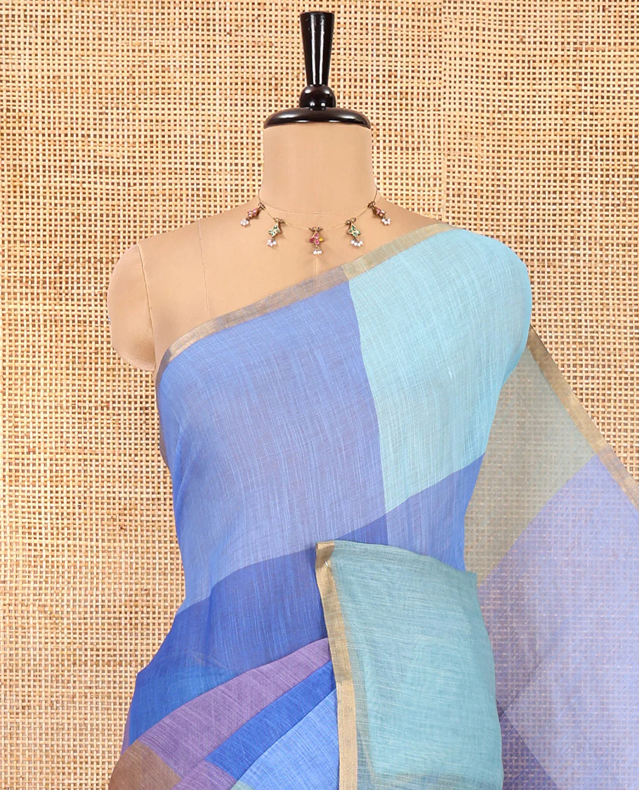 Borderless Blue Linen Cotton Saree, Embellished with Macro-Checked Design on Its Body, a Self-Pallu, and Paired with a Contrast-Printed Blouse - Image 2