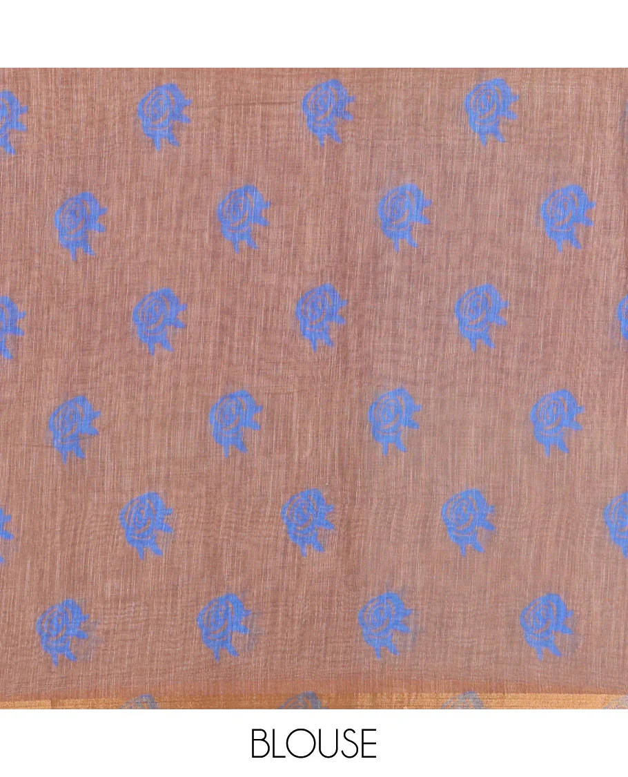 Borderless Blue Linen Cotton Saree, Embellished with Macro-Checked Design on Its Body, a Self-Pallu, and Paired with a Contrast-Printed Blouse - Image 3