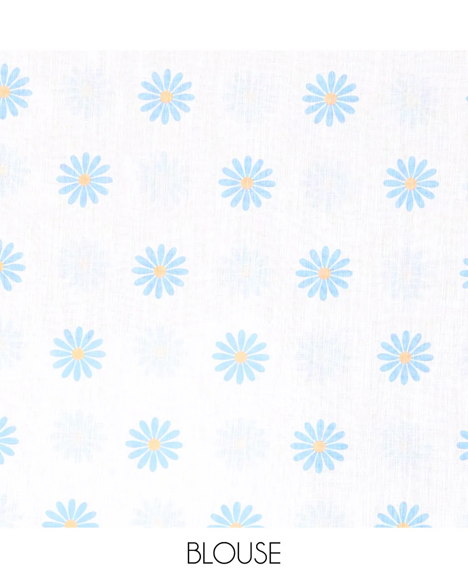 Borderless Blue Linen Saree Beautified with Big Daisy Flower Motifs Printed All Over the Body and Pallu, Complemented by a Contrast Blouse Printed with Daisy Flower Motifs - Image 3
