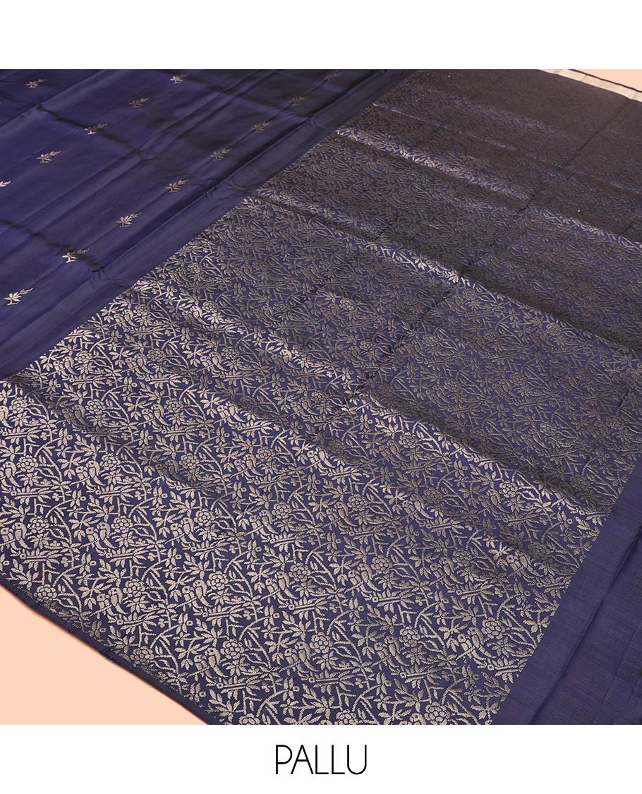 Borderless Blue Mayuri Soft Silk Saree, Mesmerized with Zari Buttas and Floral Buttas All Over Its Body, Highlighted by Pallu of Floral and Bird Designs, and Paired with a Matching Blouse - Image 5