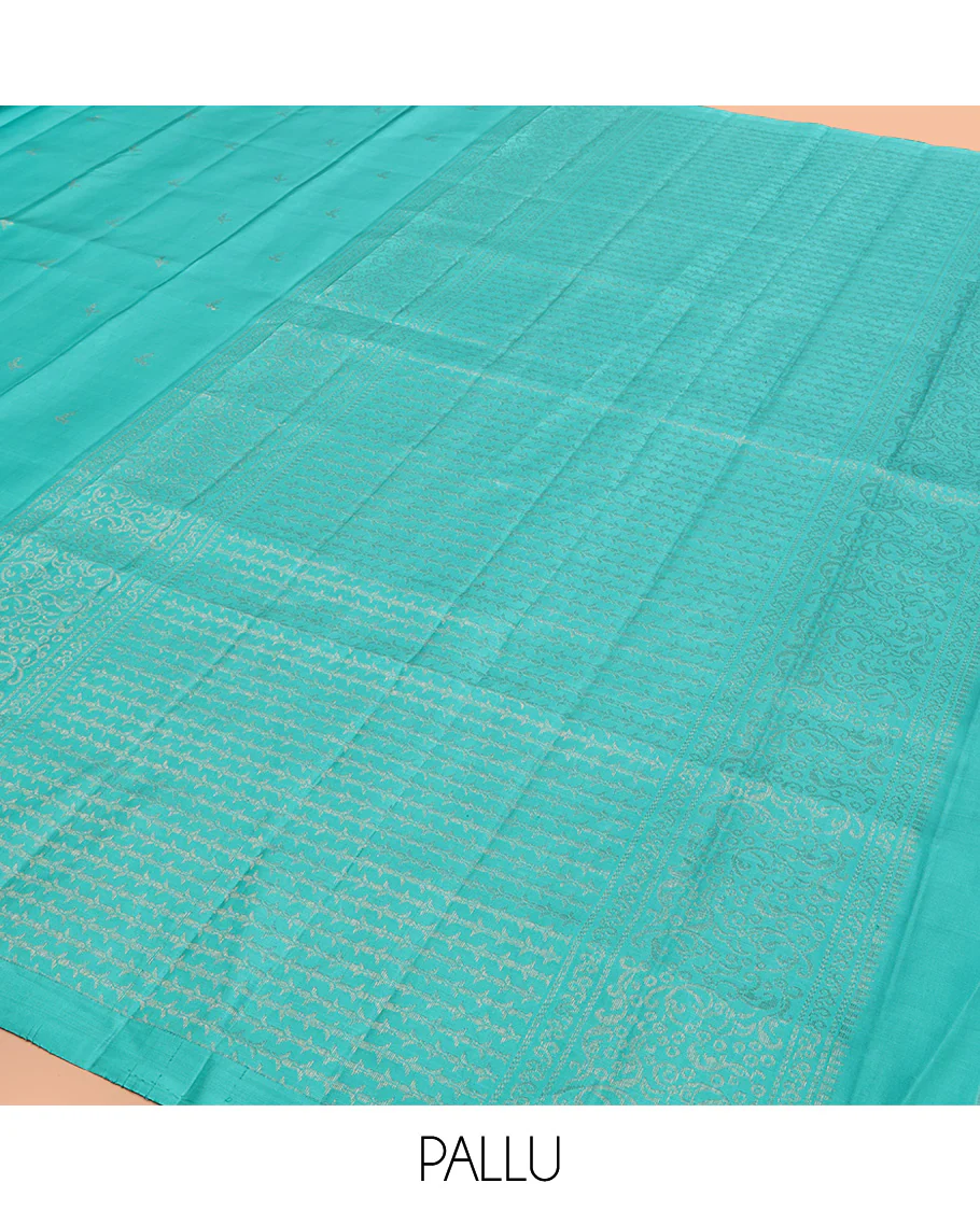 Borderless Blue Mayuri Soft Silk Saree, Subtly Woven with Buttas All Over Its Body, Highlighted by Pallu of Sparsely Woven Designs, and Paired with a Matching Blouse - Image 5