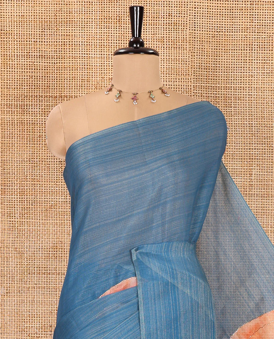 Borderless Blue Tissue Saree, Highlighted by Big Leaf Motifs Print, and Outline Embroidery All Over the Saree, Paired with a Subtle Leaf Motifs Printed Blouse - Image 2