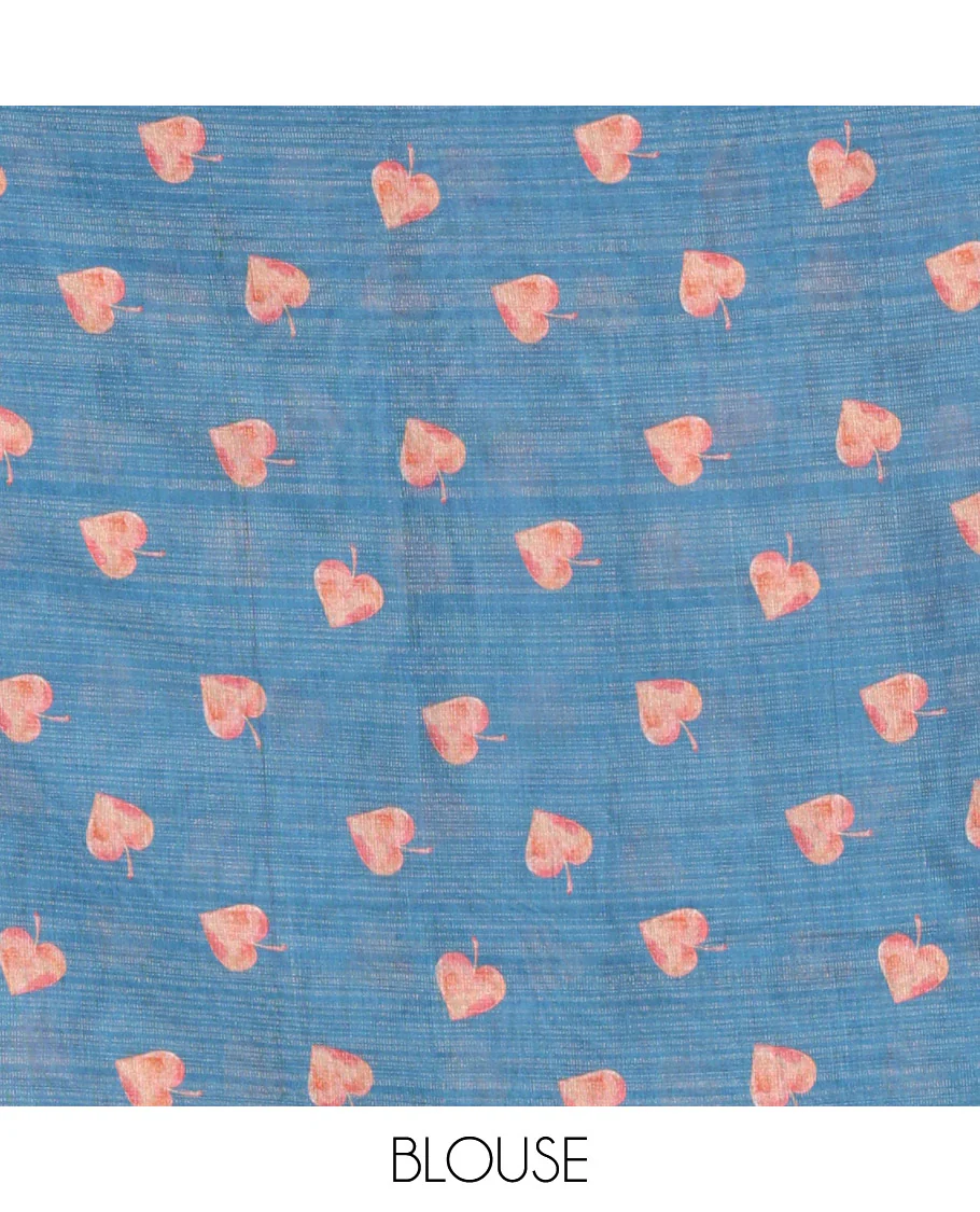 Borderless Blue Tissue Saree, Highlighted by Big Leaf Motifs Print, and Outline Embroidery All Over the Saree, Paired with a Subtle Leaf Motifs Printed Blouse - Image 3