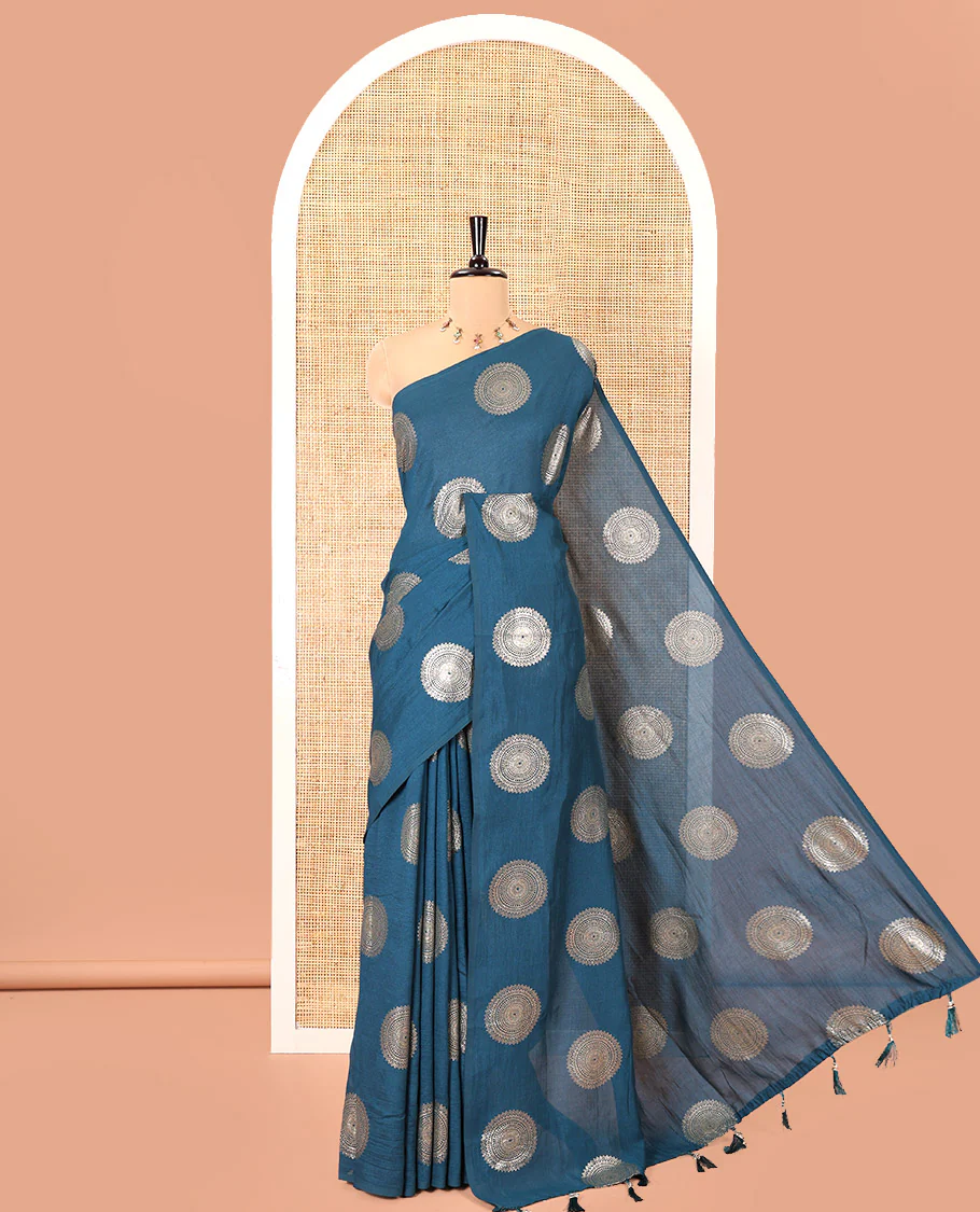 Borderless Blue Vichitra Saree Features Rangoli-Style Round Buttas Foil Print and a Contrast Sequins Embroidered Blouse