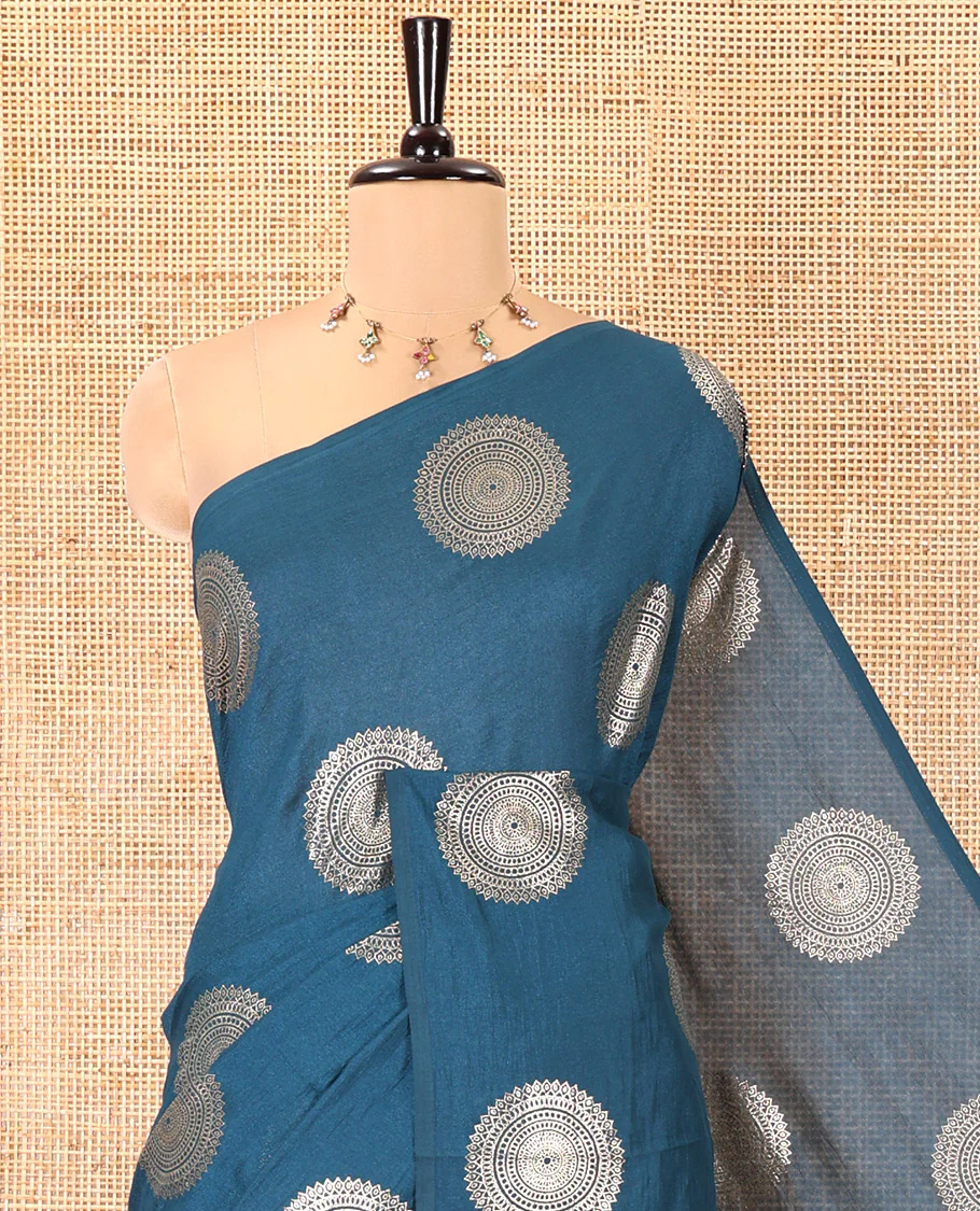 Borderless Blue Vichitra Saree Features Rangoli-Style Round Buttas Foil Print and a Contrast Sequins Embroidered Blouse - Image 2
