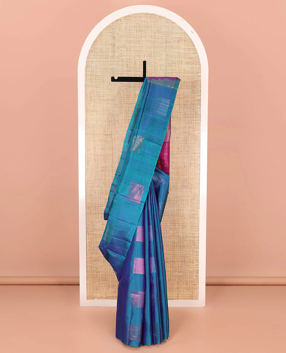 Borderless blue zari buttas Mayuri soft silk saree, contrast pallu of diagonal stripes