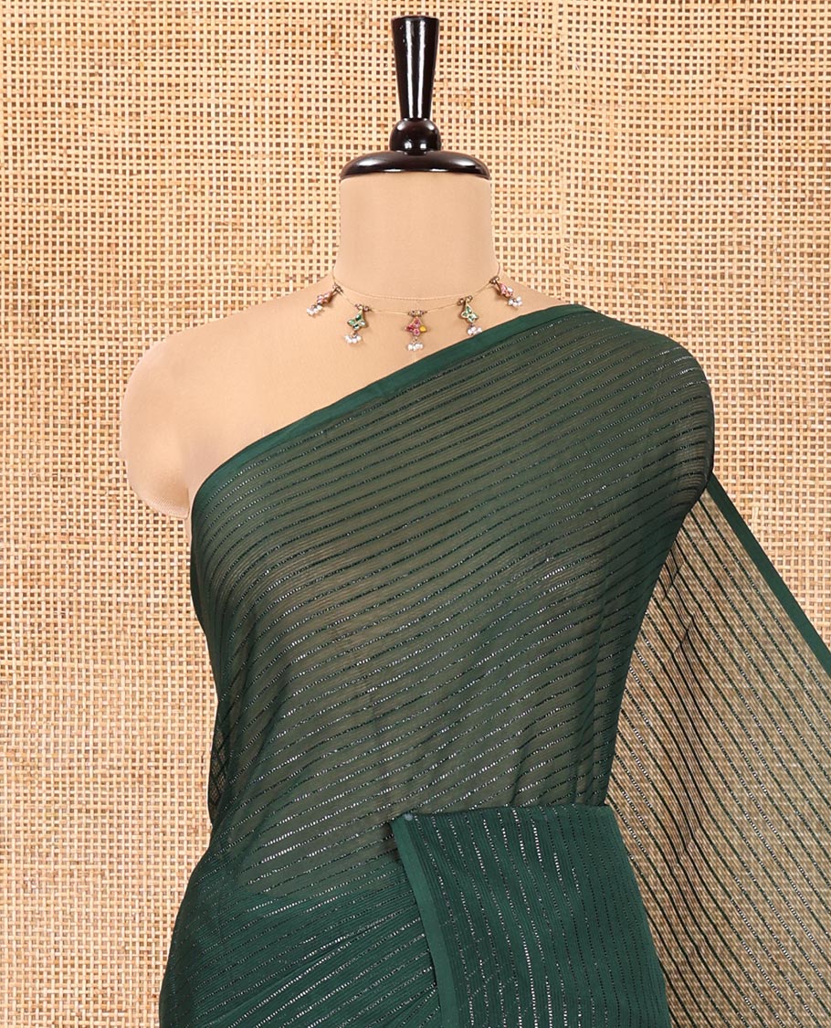 Borderless Bottle Green Chiffon Saree, Gleamed Up with Horizontal Stripes on Its Body, a Self-Pallu, and Comes Without a Blouse - Image 2