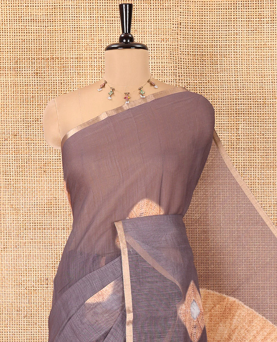 Borderless Brown Linen Cotton Saree, Showcasing Shibori Printed on Its Body, Complemented by a Shibori Printed Pallu, and Paired with a Matching Shibori Printed Blouse - Image 2