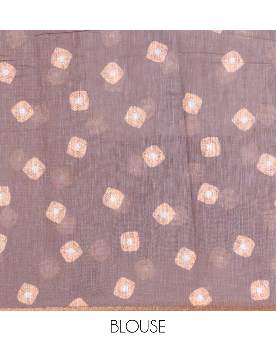 Borderless Brown Linen Cotton Saree, Showcasing Shibori Printed on Its Body, Complemented by a Shibori Printed Pallu, and Paired with a Matching Shibori Printed Blouse - Image 3