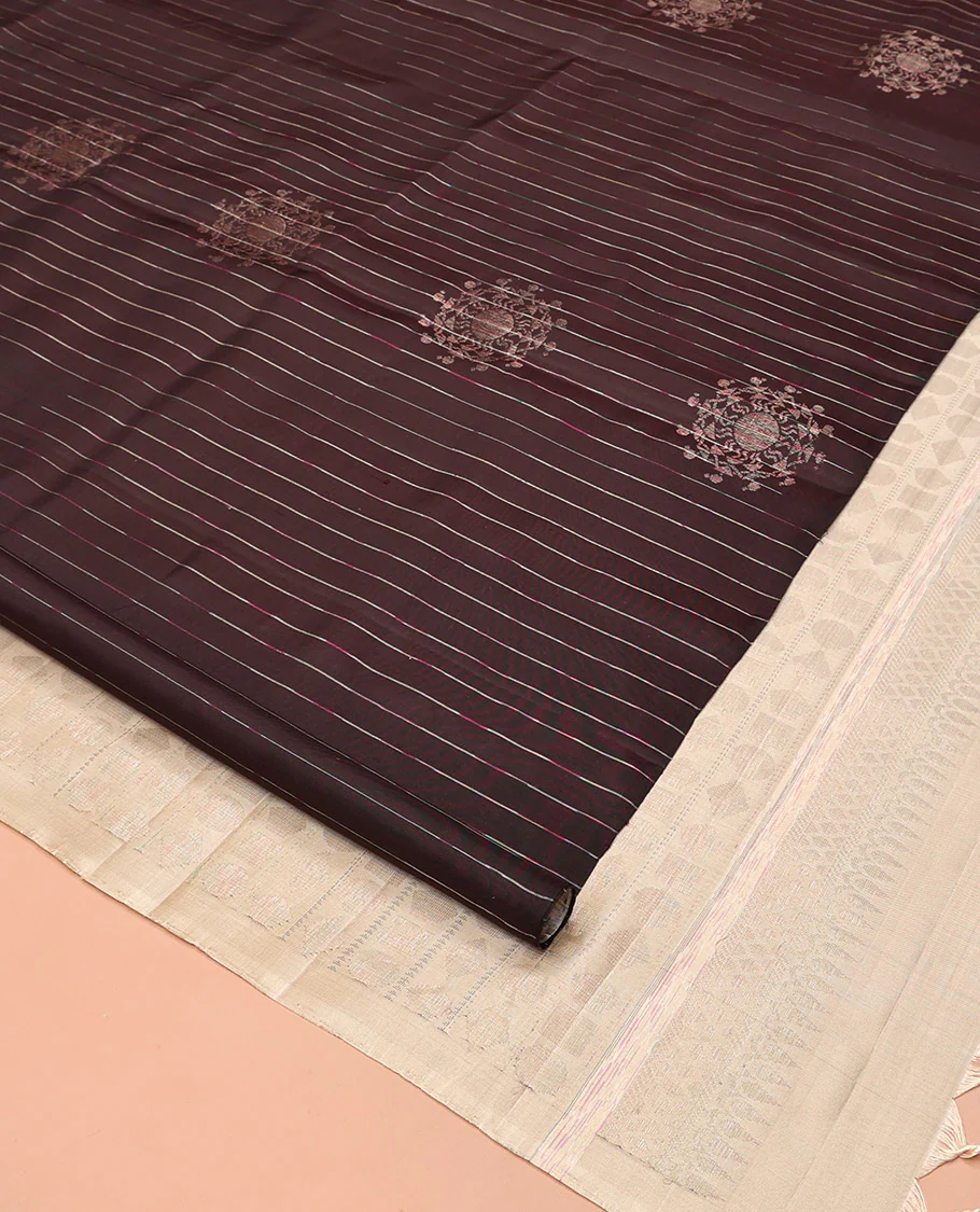 Borderless Brown Mayuri Soft Silk Saree, Steeped with Stripes, and Warli Motifs On Its Body, Complemented by Contrast Pallu of Geometric Patterns, and Paired with a Contrast Blouse - Image 2
