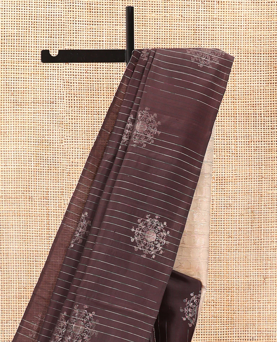 Borderless Brown Mayuri Soft Silk Saree, Steeped with Stripes, and Warli Motifs On Its Body, Complemented by Contrast Pallu of Geometric Patterns, and Paired with a Contrast Blouse - Image 3