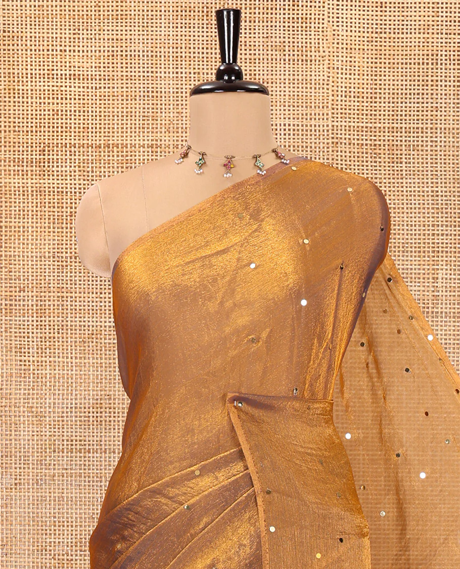 Borderless Copper Gold Fendy Chiffon Saree, Gleamed Up with Sequin Work on Its Body, Highlighted by a Self-Pallu of Sequin Work, and Paired with a Matching Blouse - Image 2
