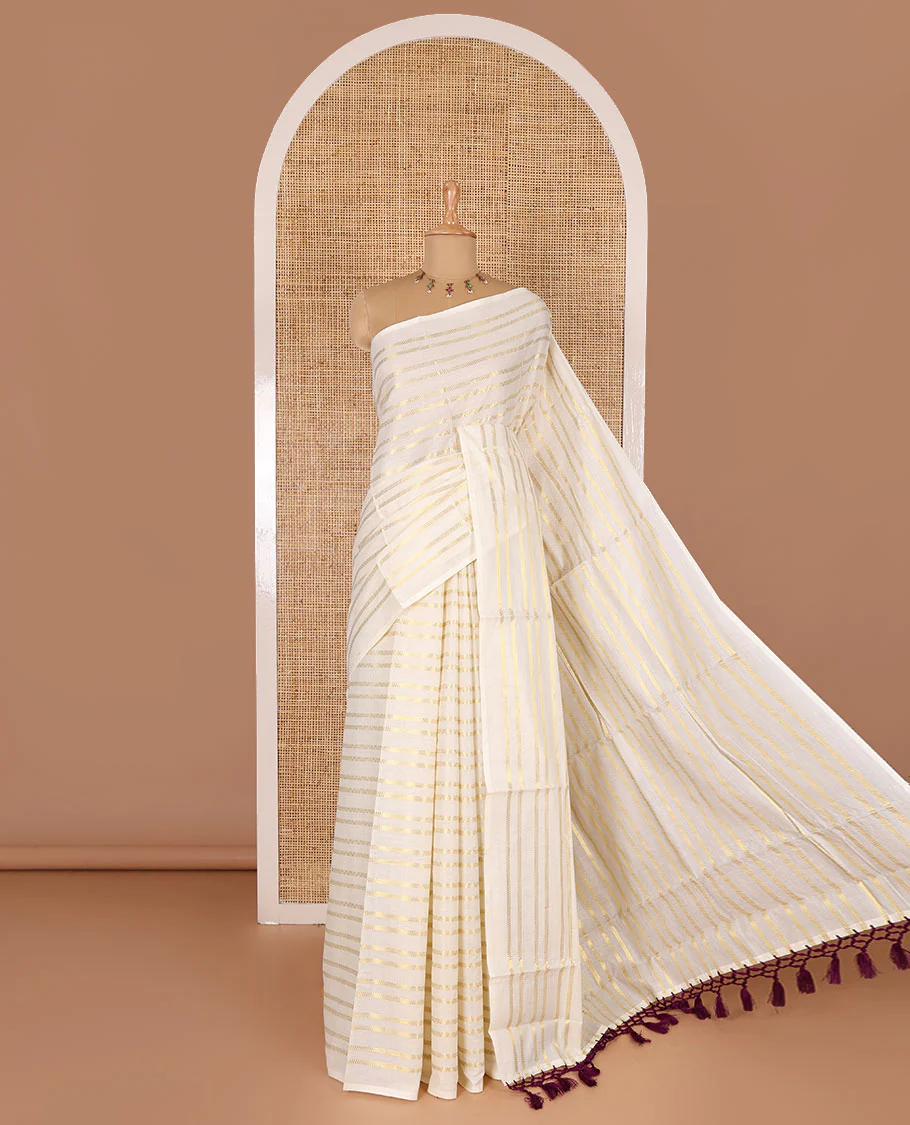 Borderless cream and maroon horizontal zari muthu striped Kerala cotton saree, self-pallu with tassels and a matching blouse - Image 3