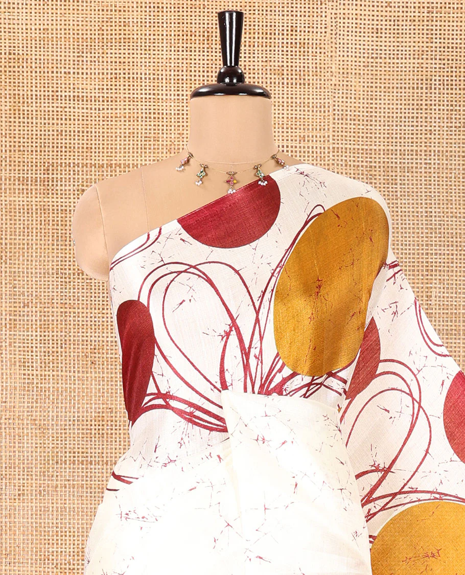 Borderless Cream and Maroon Khadi Cotton Saree, Embellished with Big Circles Motifs, Floral Motifs, and Batik Print on Its Body, Self-Printed Pallu, and Paired with a Matching Printed Blouse - Image 2