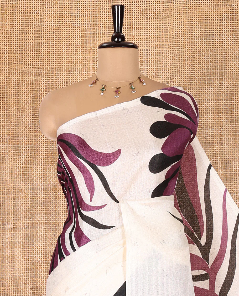 Borderless Cream and Purple Art Khadi Cotton Saree, Styled with Batik Print-Style Vines Print on Its Body, Self-Pallu of Batik Print, and Paired with a Printed Blouse - Image 2