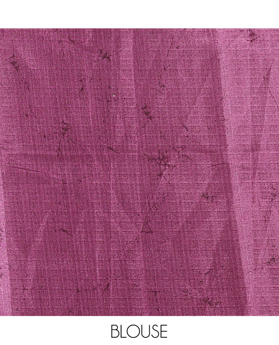 Borderless Cream and Purple Art Khadi Cotton Saree, Styled with Batik Print-Style Vines Print on Its Body, Self-Pallu of Batik Print, and Paired with a Printed Blouse - Image 3