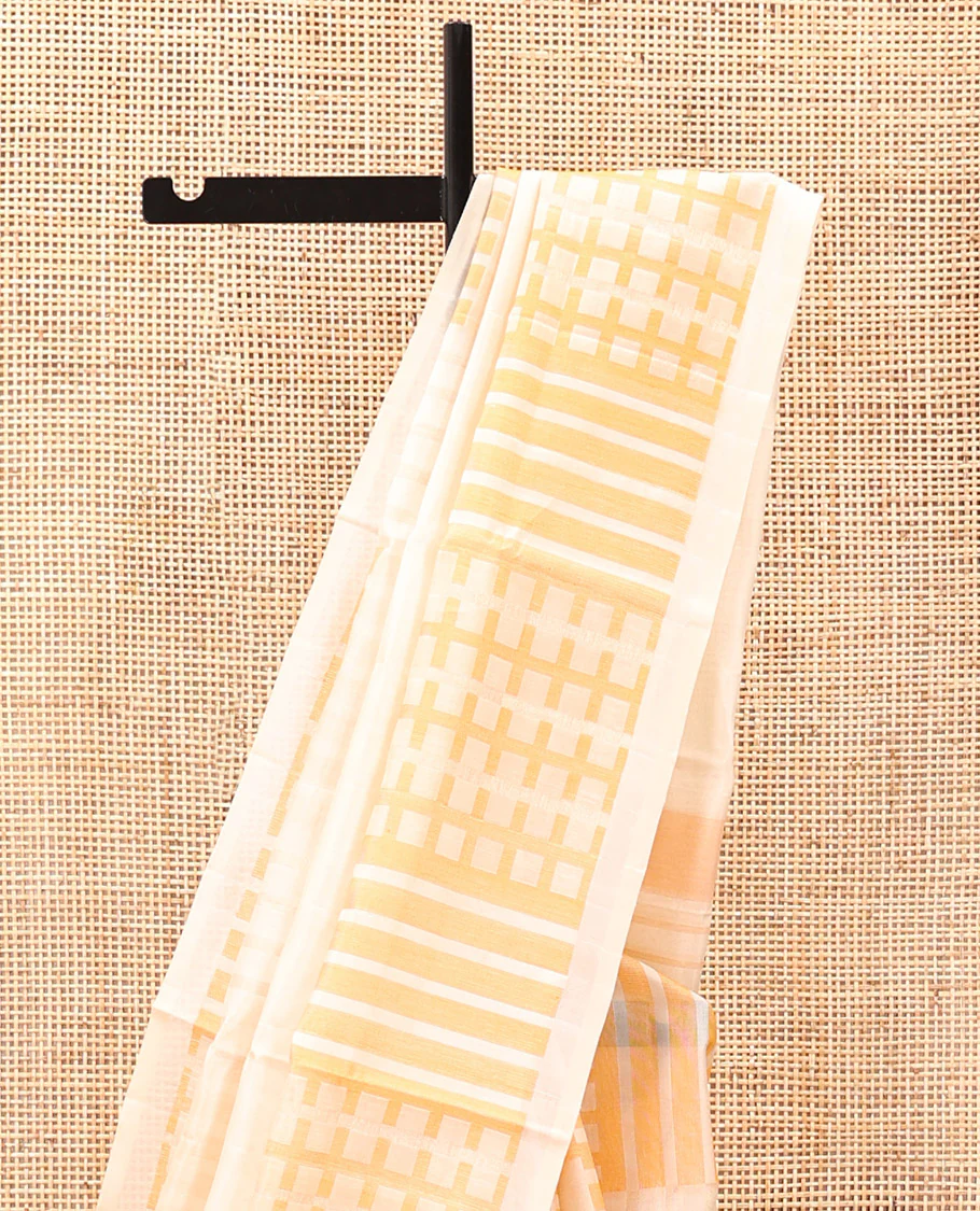 Borderless Cream Mayuri Soft Silk Saree, Boldly Accentuated with Checks On Its Body, Highlighted by Self-Pallu of Geometric Patterns, and Paired with a Matching Blouse - Image 3