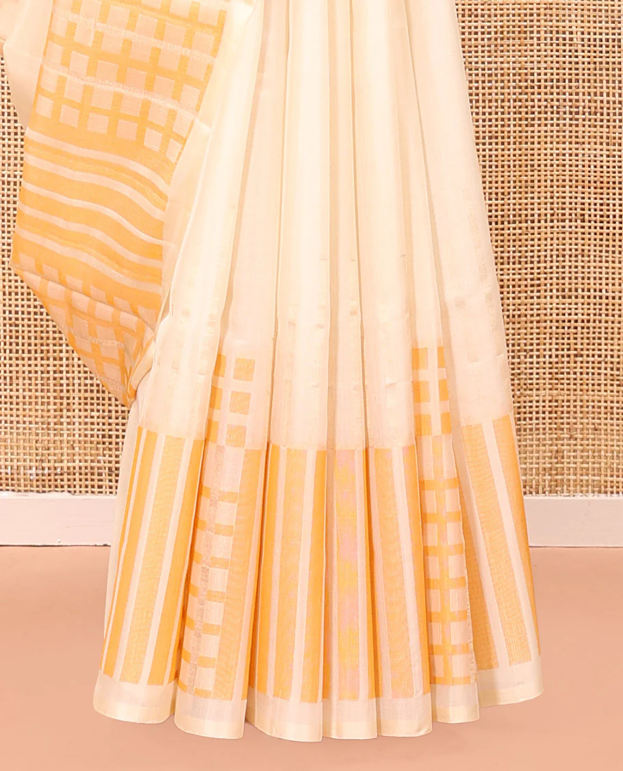 Borderless Cream Mayuri Soft Silk Saree, Boldly Accentuated with Checks On Its Body, Highlighted by Self-Pallu of Geometric Patterns, and Paired with a Matching Blouse - Image 4