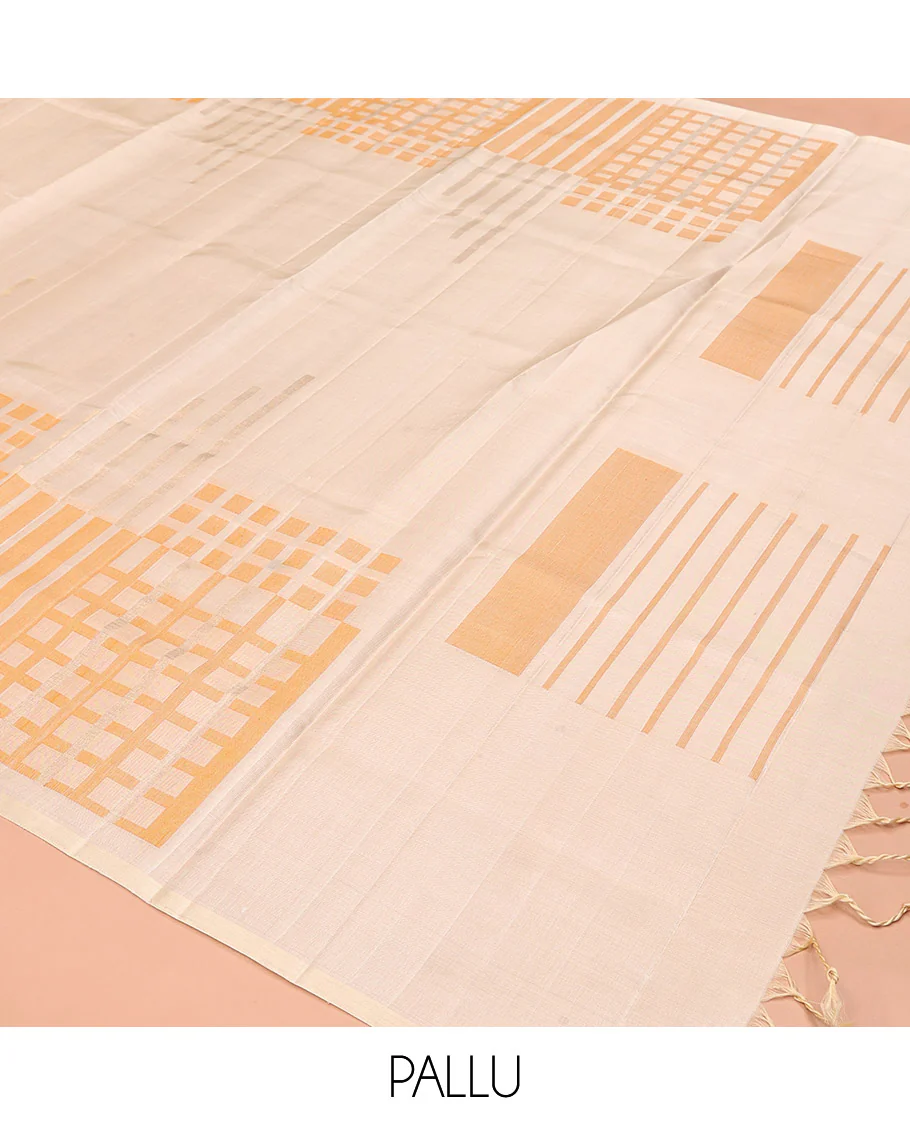 Borderless Cream Mayuri Soft Silk Saree, Boldly Accentuated with Checks On Its Body, Highlighted by Self-Pallu of Geometric Patterns, and Paired with a Matching Blouse - Image 5