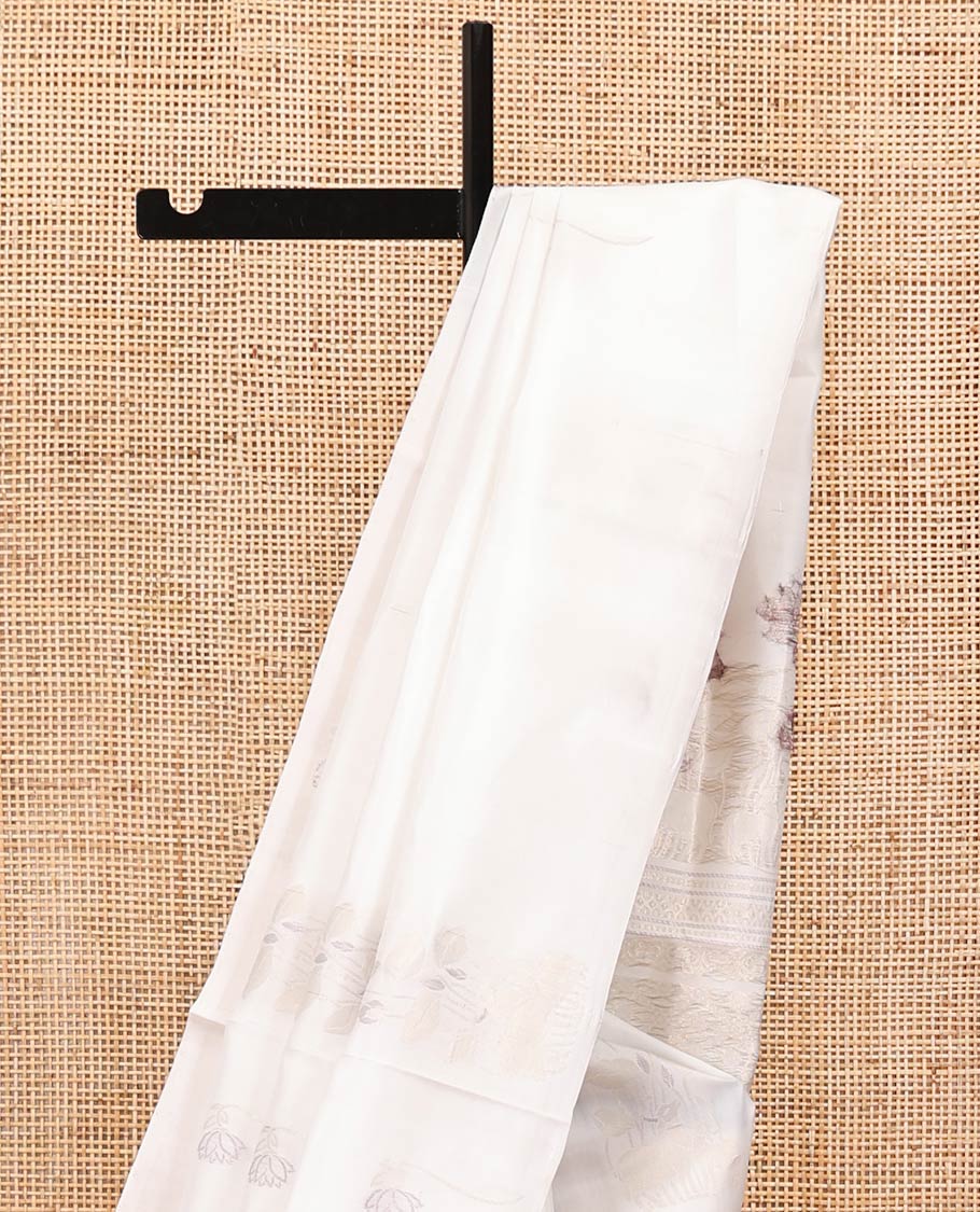 Borderless Cream Mayuri Soft Silk Saree, Sparsely Woven with Pichwai Lotus and Cow Buttas All Over Its Body, Highlighted by Pallu of Pichwai Designs, and Paired with a Matching Blouse - Image 3