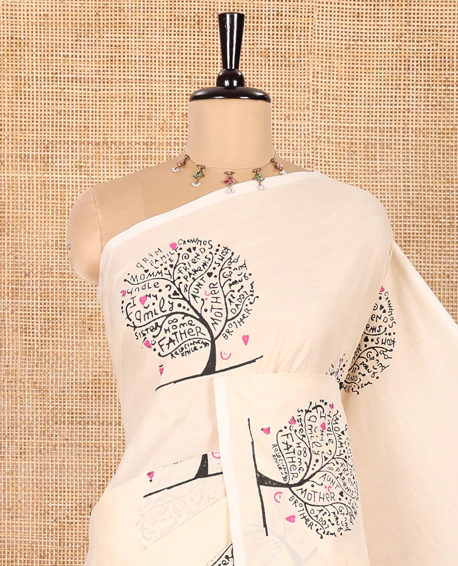 Borderless Cream South Cotton Saree, Adorned with Family-Tree-Style Printed All Over Its Body, Pallu Mirrors the Same Print, and Paired with One Matching Blouse, and One Contrast Paisley Printed Blouse - Image 2