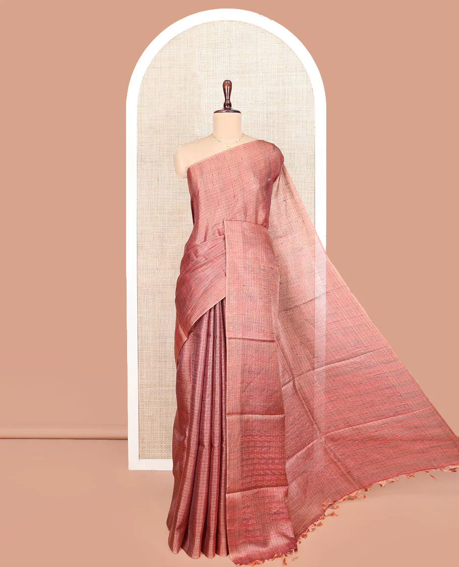 Borderless Dark Peach Tussar Silk Saree, Subtly Sparkled by Checks on Its Body, Subtle Woven Pallu of Stripes, and Paired with a Matching Blouse