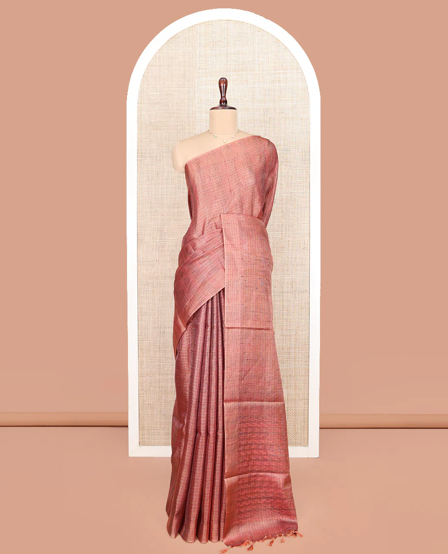 Borderless Dark Peach Tussar Silk Saree, Subtly Sparkled by Checks on Its Body, Subtle Woven Pallu of Stripes, and Paired with a Matching Blouse - Image 3