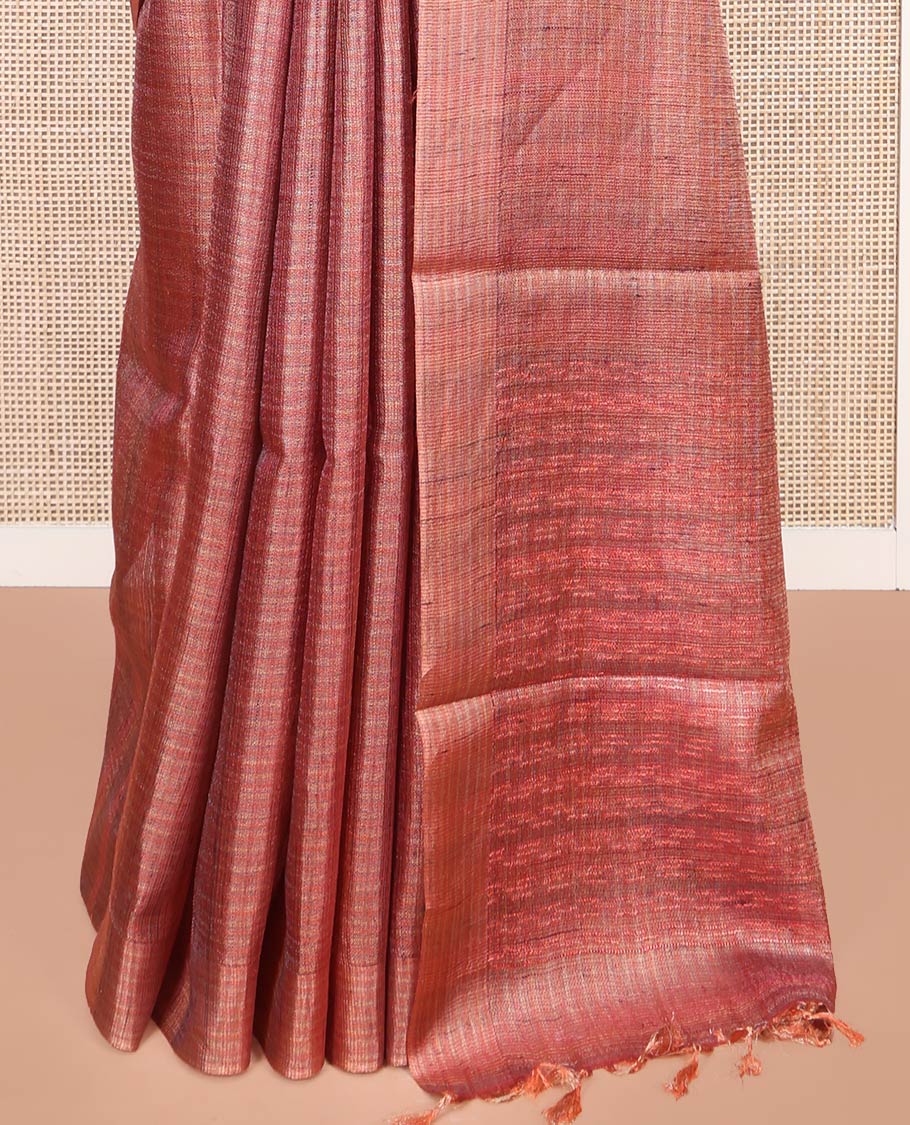Borderless Dark Peach Tussar Silk Saree, Subtly Sparkled by Checks on Its Body, Subtle Woven Pallu of Stripes, and Paired with a Matching Blouse - Image 4