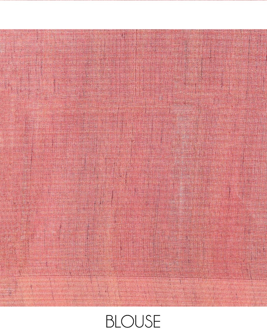 Borderless Dark Peach Tussar Silk Saree, Subtly Sparkled by Checks on Its Body, Subtle Woven Pallu of Stripes, and Paired with a Matching Blouse - Image 5