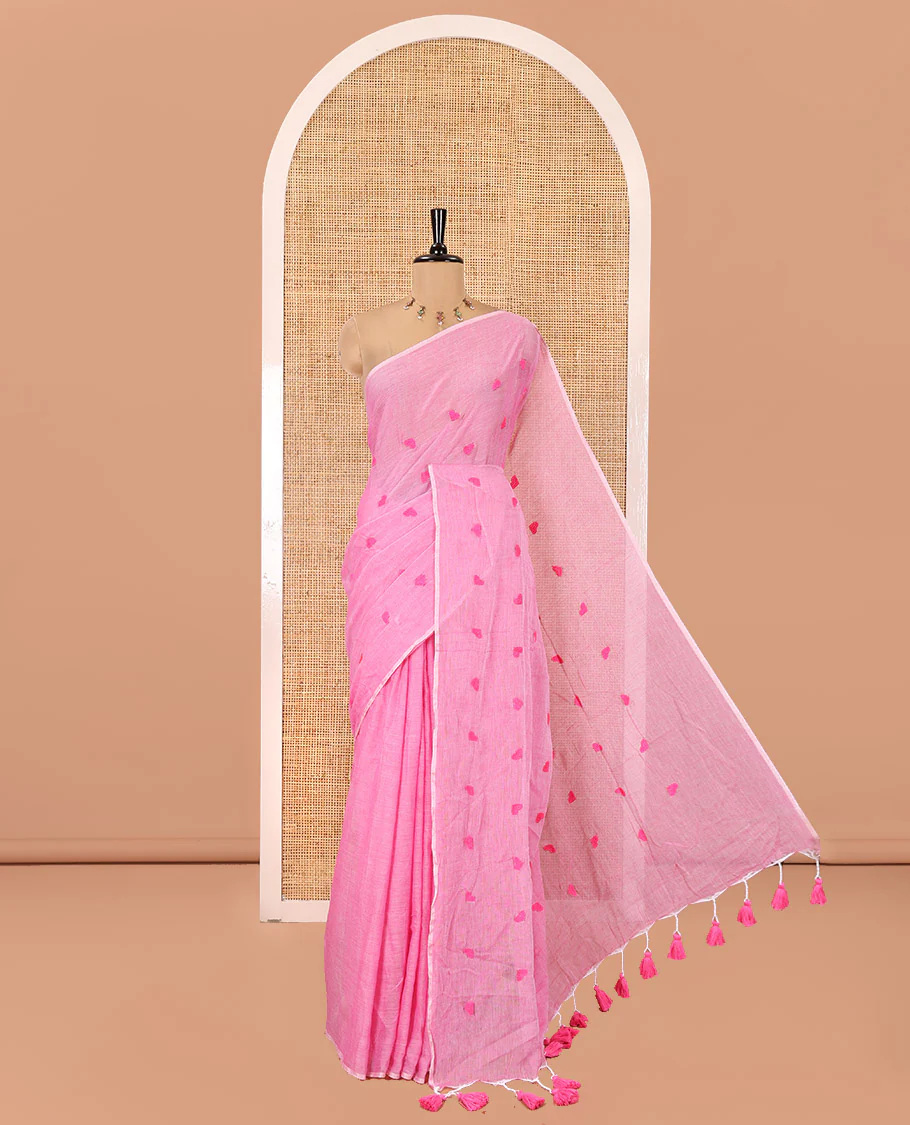 Borderless Dusky Pink Khadi Mul Cotton Saree, Delicately Woven with Heart Motifs Embroidered All Over Its Body, a Self-Pallu, and Matching Blouse