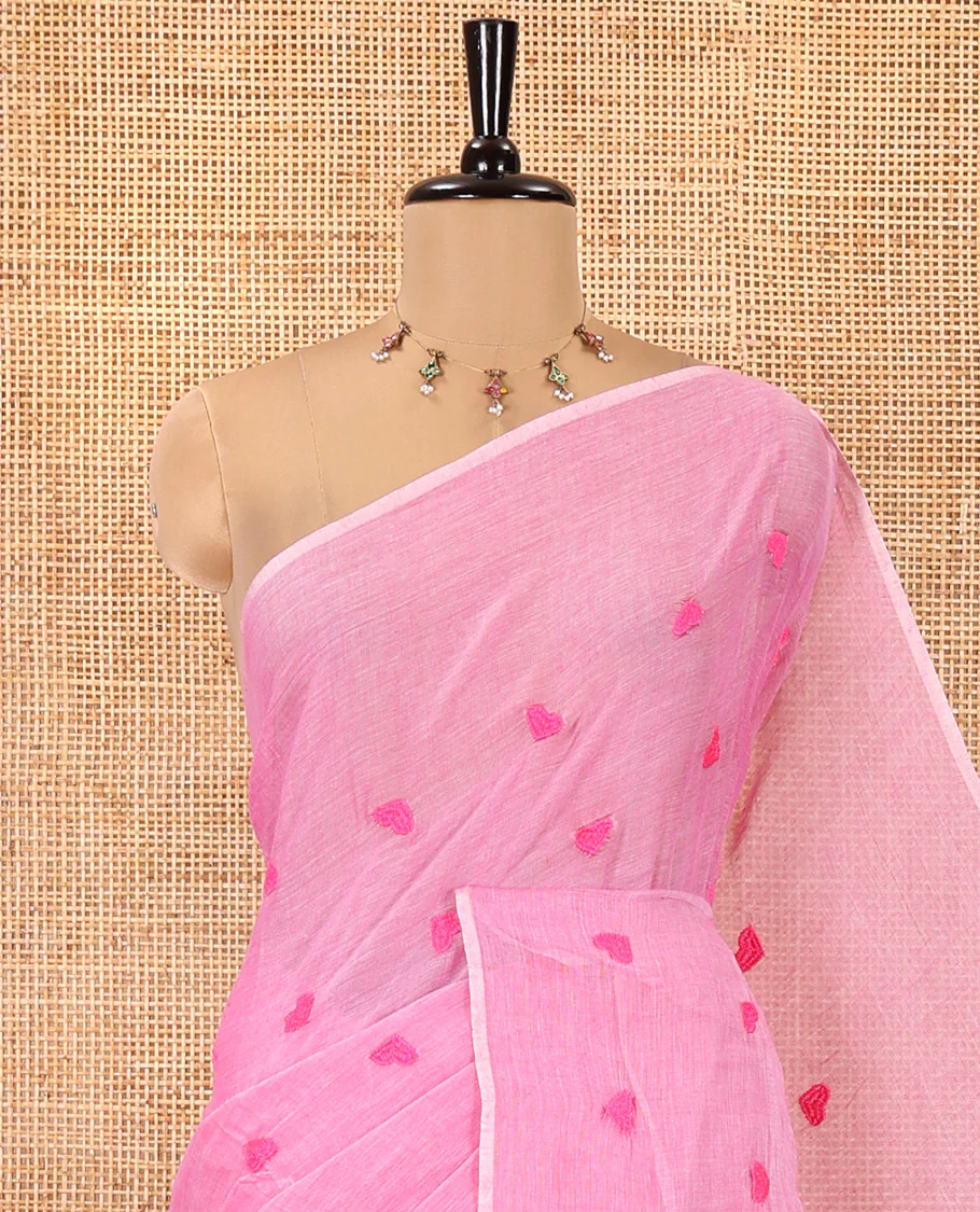 Borderless Dusky Pink Khadi Mul Cotton Saree, Delicately Woven with Heart Motifs Embroidered All Over Its Body, a Self-Pallu, and Matching Blouse - Image 2