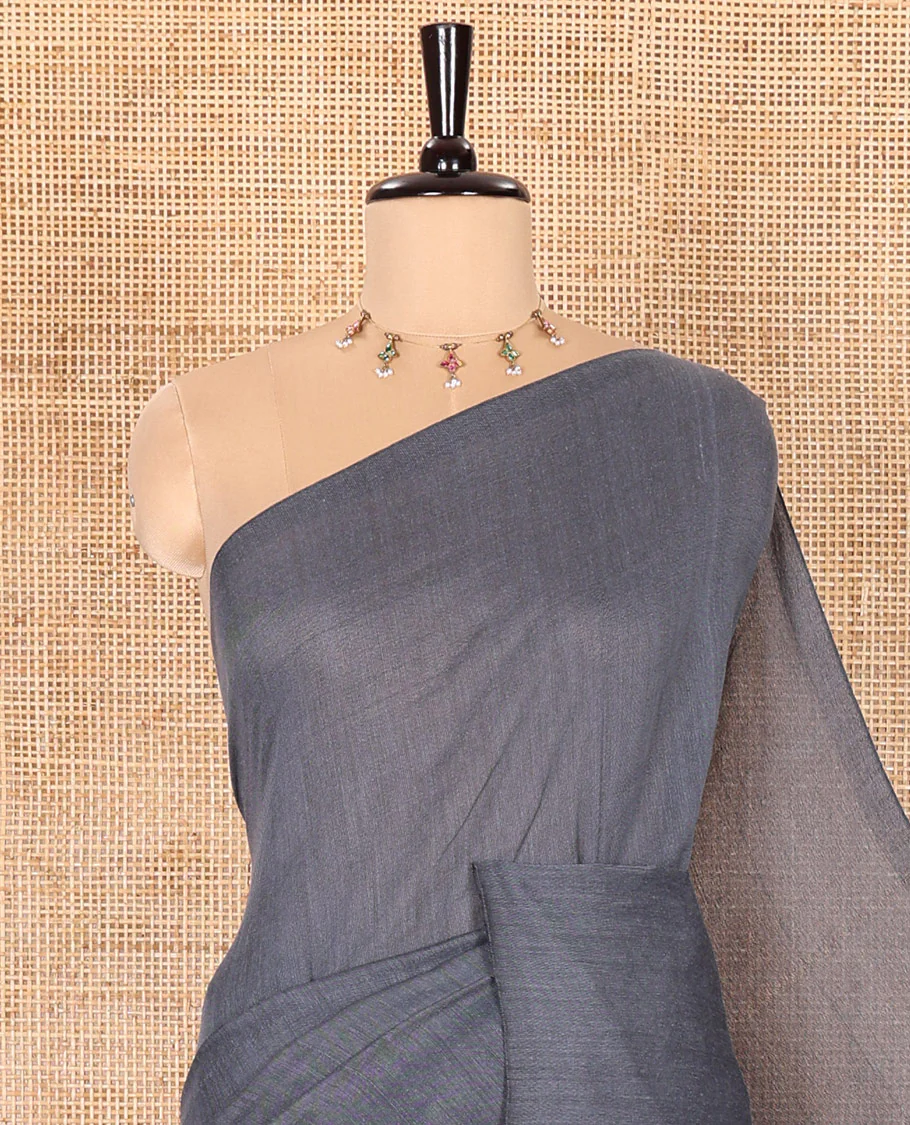 Borderless Elephant Grey Plain Khadi Mul Cotton Saree Featuring a Self Pallu with Tassels, Paired with a Matching Plain Blouse - Image 2