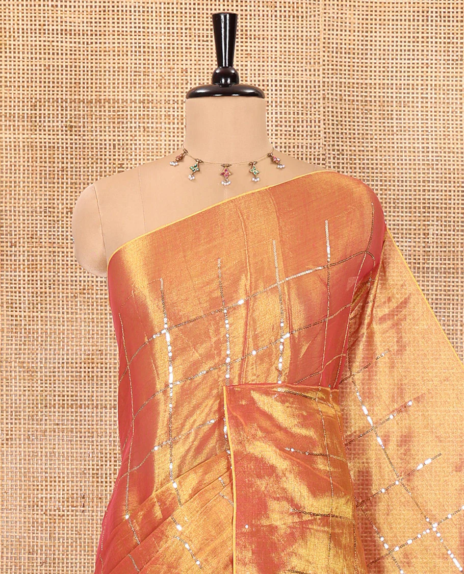 Borderless gold sequins embroidered checked khadi tissue saree, self-pallu, and a plain matching blouse - Image 2