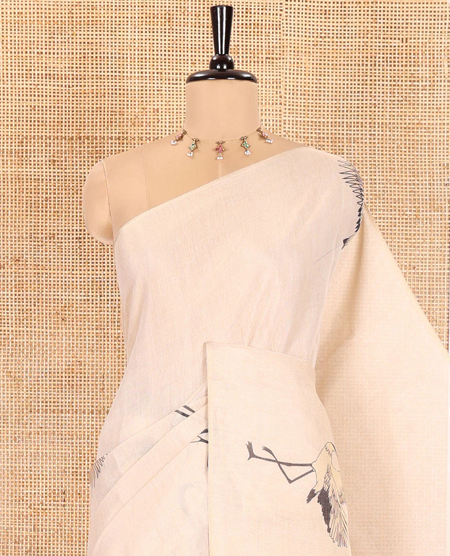 Borderless Gold Tissue Saree, Enthralled with Crane Motifs on Its Body, Self-Pallu Features the Same Crane Motifs Print, and Paired with a Matching Crane Motifs Printed Blouse - Image 2