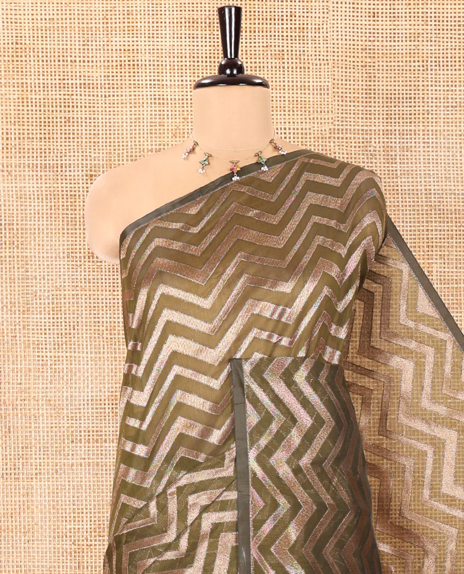 Borderless Green Chanderi Cotton Saree, Enriched with Chevron Zari Stripes on Its Body, Complemented by Contrast Intricate Jaal Pallu, and Paired with Contrast Blouse - Image 2