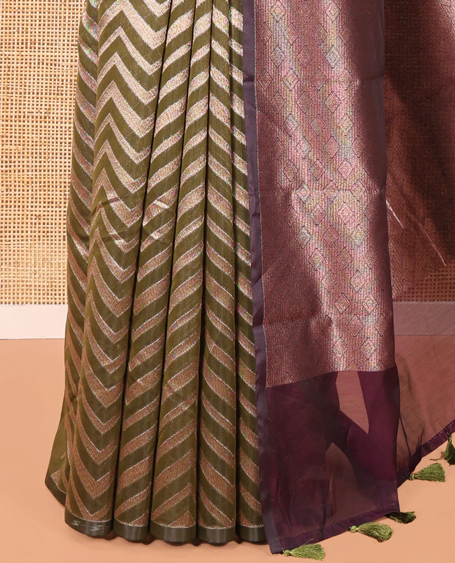 Borderless Green Chanderi Cotton Saree, Enriched with Chevron Zari Stripes on Its Body, Complemented by Contrast Intricate Jaal Pallu, and Paired with Contrast Blouse - Image 3