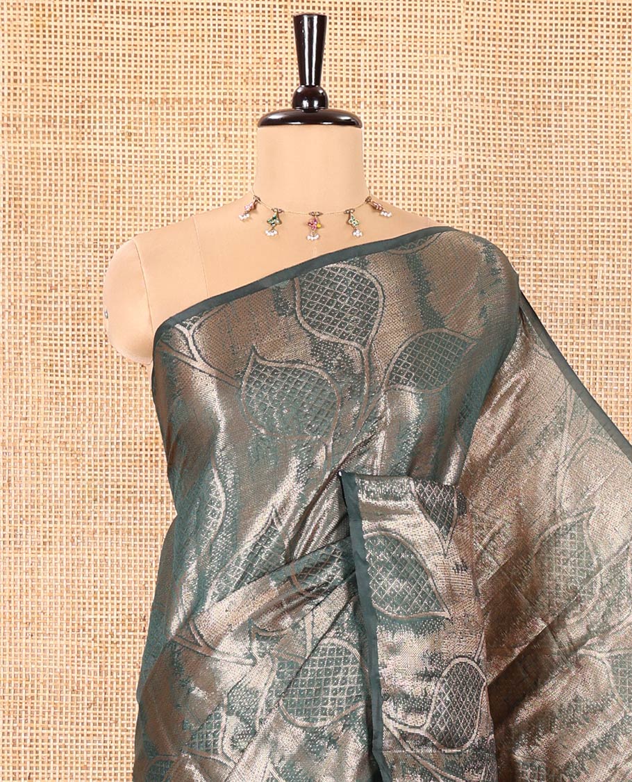 Borderless Green Fancy Matka Silk Saree, Elevated with Gleaming Zari Weave and Leaf Jacquard Designs, Rich Pallu of Chevron Stripes, and Paired with a Matching Jacquard Blouse - Image 2