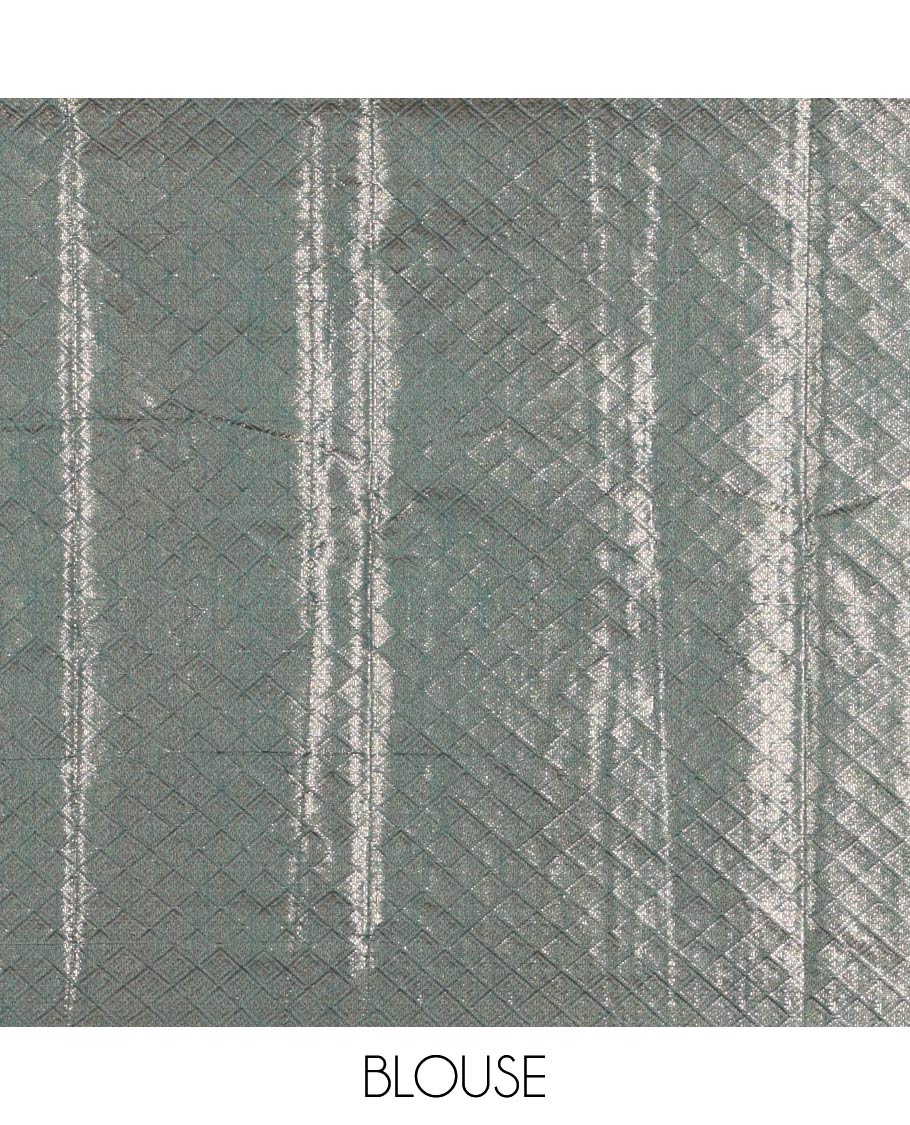 Borderless Green Fancy Matka Silk Saree, Elevated with Gleaming Zari Weave and Leaf Jacquard Designs, Rich Pallu of Chevron Stripes, and Paired with a Matching Jacquard Blouse - Image 4