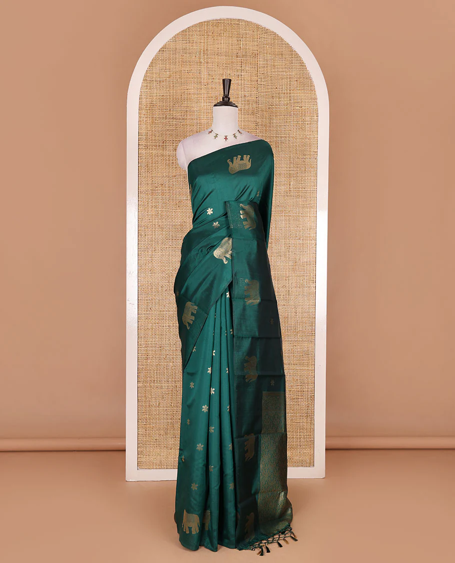 Borderless green floral and elephant buttas zari woven kanchi silk saree, intricate pallu, and matching zari design blouse - Image 2