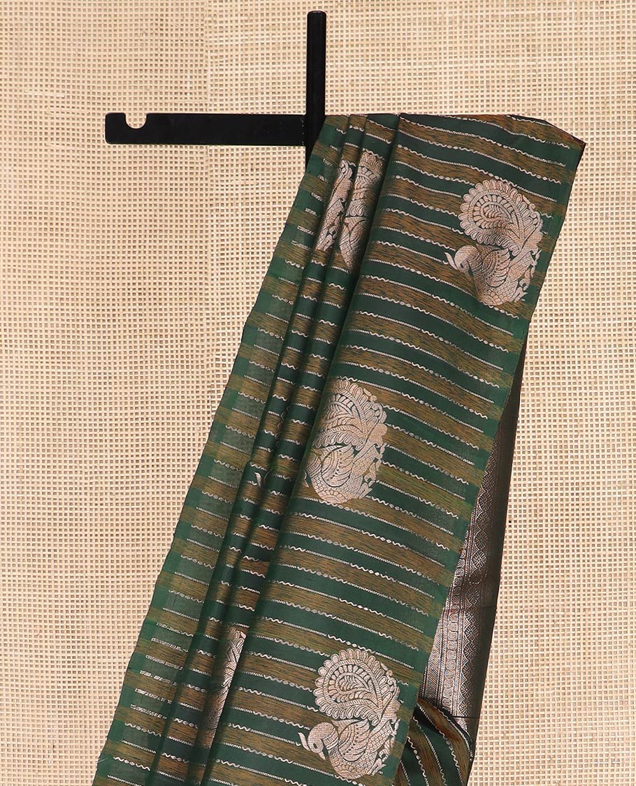 Borderless Green Kanchipuram Silk Saree Highlighted by Annam Buttas and Stripes All Over Its Body, Subtly Sparkled Pallu of Rudraksham, Muthu, Kathir, and Laddu Kamalam Designs, and Paired with a Matching Blouse - Image 3