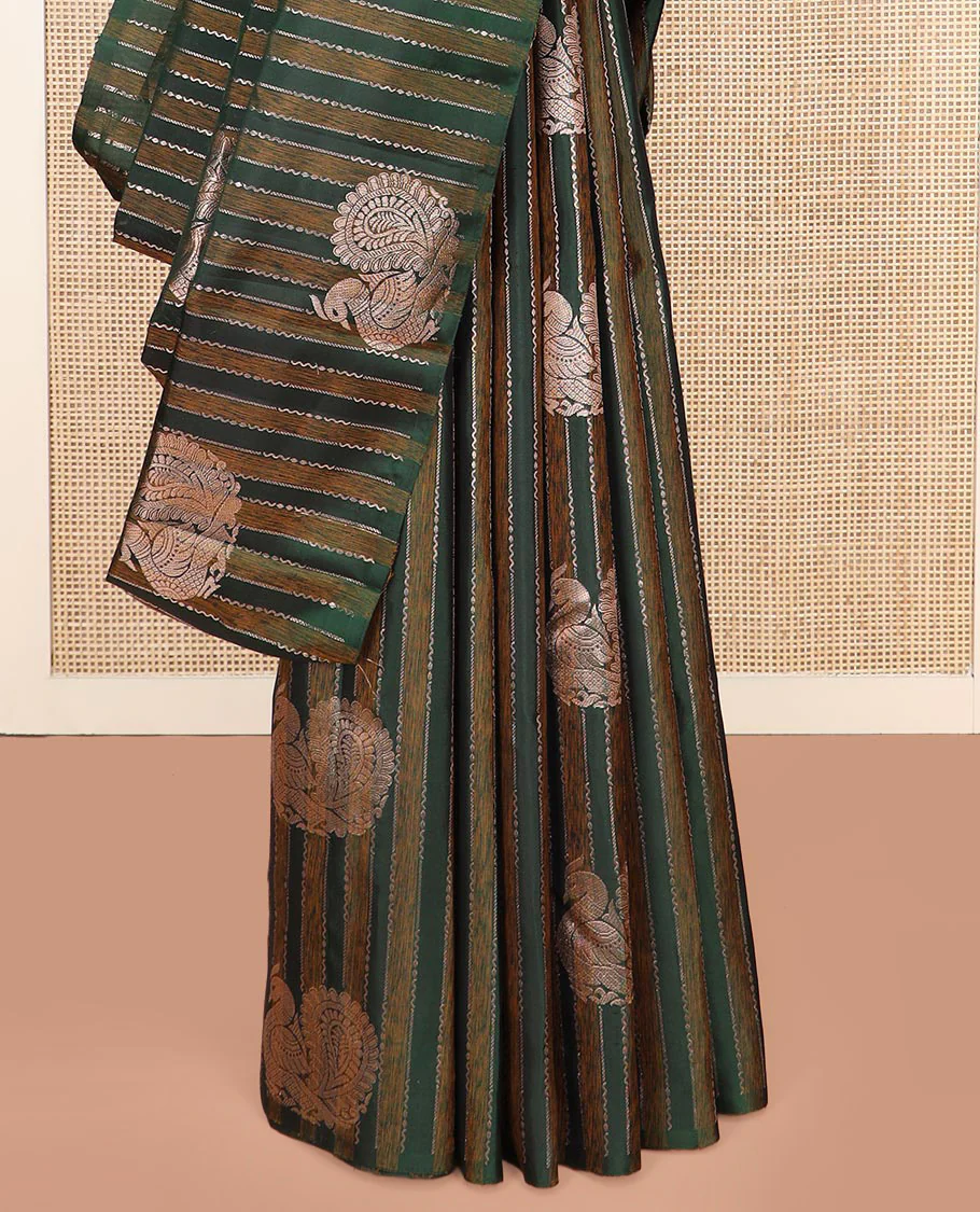Borderless Green Kanchipuram Silk Saree Highlighted by Annam Buttas and Stripes All Over Its Body, Subtly Sparkled Pallu of Rudraksham, Muthu, Kathir, and Laddu Kamalam Designs, and Paired with a Matching Blouse - Image 4