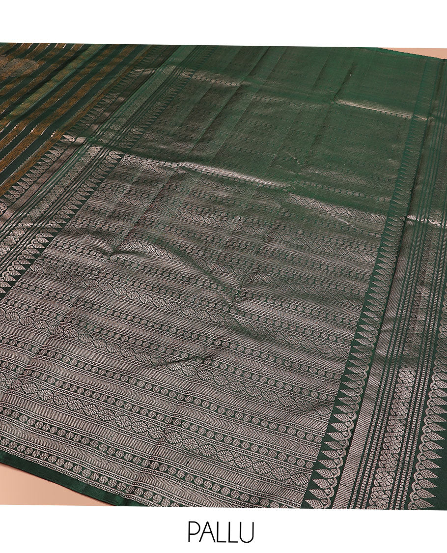 Borderless Green Kanchipuram Silk Saree Highlighted by Annam Buttas and Stripes All Over Its Body, Subtly Sparkled Pallu of Rudraksham, Muthu, Kathir, and Laddu Kamalam Designs, and Paired with a Matching Blouse - Image 5