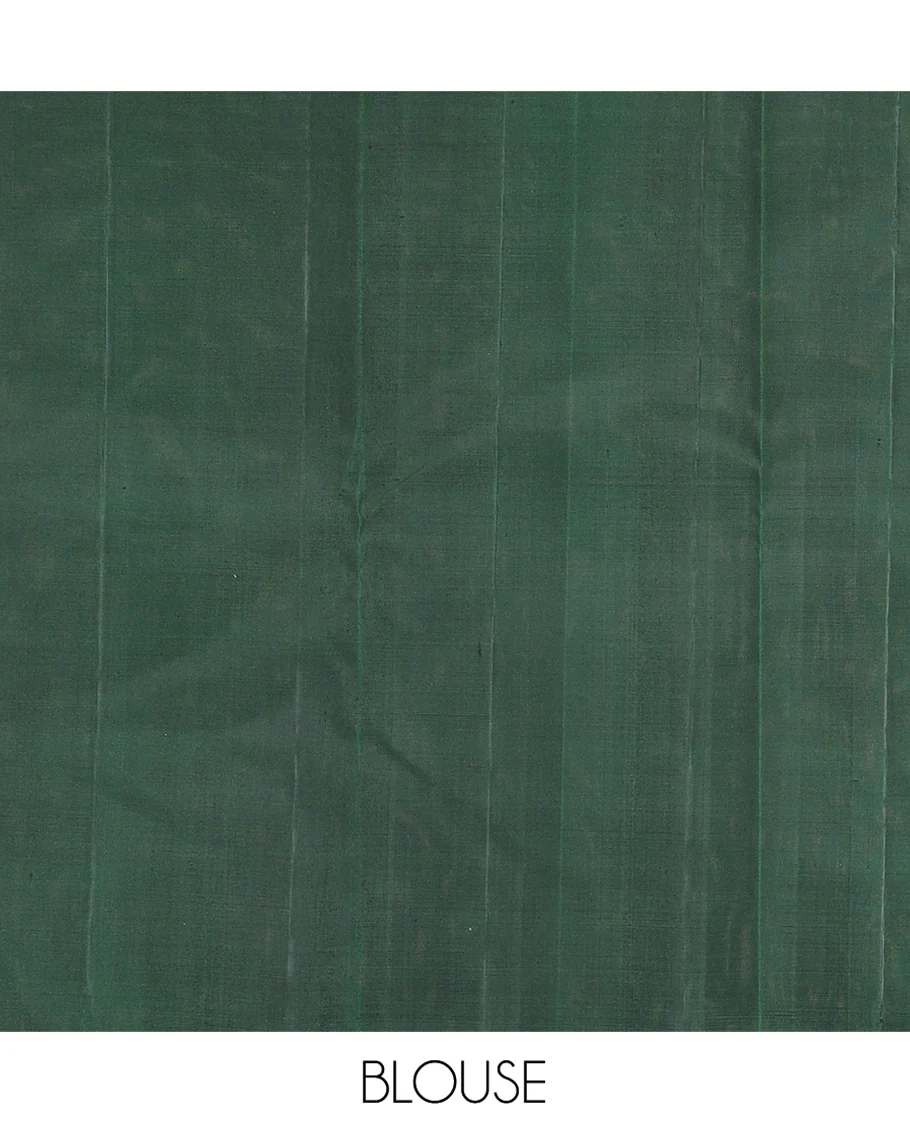Borderless Green Kanchipuram Silk Saree Highlighted by Annam Buttas and Stripes All Over Its Body, Subtly Sparkled Pallu of Rudraksham, Muthu, Kathir, and Laddu Kamalam Designs, and Paired with a Matching Blouse - Image 6