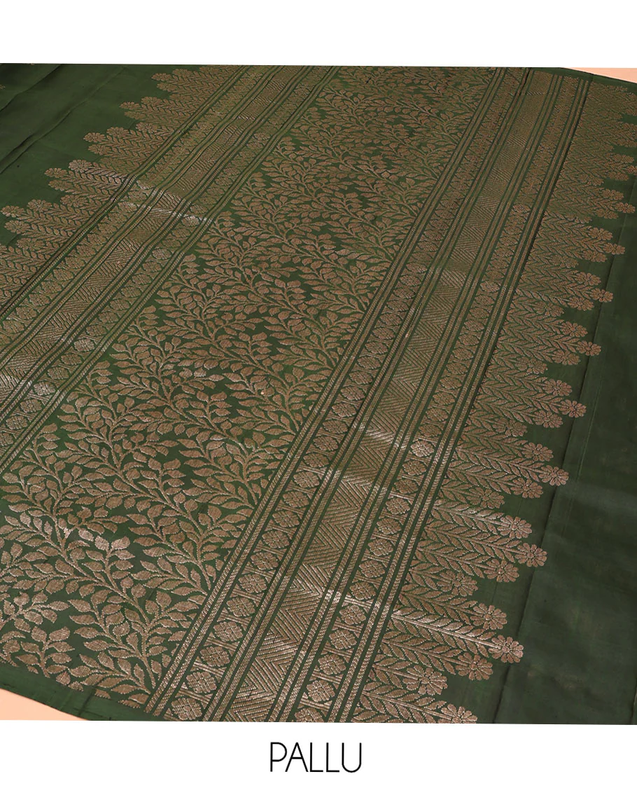 Borderless Green Mayuri Soft Silk Saree, Artfully Detailed with Floral Buttas All Over Its Body, Highlighted by Zari Border of Floral Designs, Opulently Embellished Pallu of Leaf Vine, and Paired with a Matching Blouse - Image 5