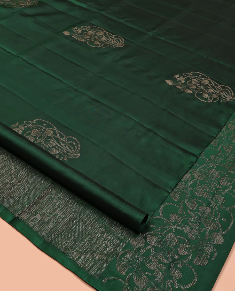 Borderless Green Mayuri Soft Silk Saree, Elevated with Buttas All Over Its Body, a Sparsely Sparkled Self-Pallu, and Paired with a Matching Blouse - Image 2