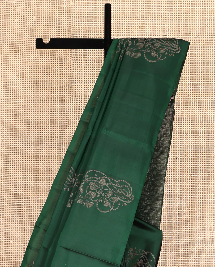 Borderless Green Mayuri Soft Silk Saree, Elevated with Buttas All Over Its Body, a Sparsely Sparkled Self-Pallu, and Paired with a Matching Blouse - Image 3